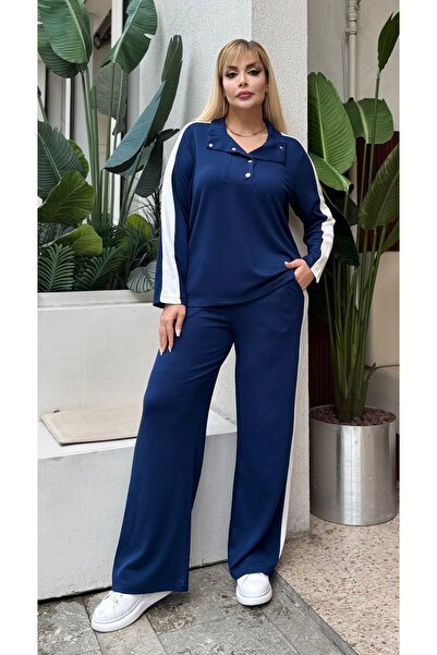 Butik Nilyam Women's Plus Size Turn-Down Collar Side Stripe Modal Fabric Flexible Soft Textured Bottom - Top Set 25092