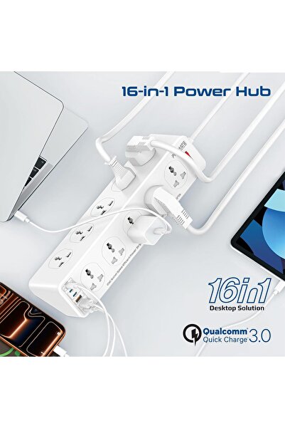 Promate PowerMatrix2-5M 16-in-1 Power Strip, 10 Child-Safe AC, 3xUSB-C, 3xUSB-A, 33W PD, 5M