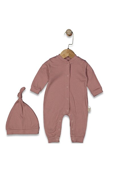 bebegen Baby Girl Dusty Rose Corded Fabric Knotted Beret Jumpsuit with Snap Fasteners