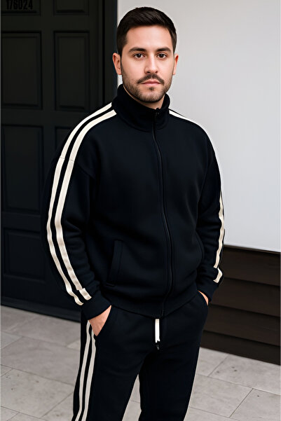 Butik Men's Double Stripe Tracksuit Set Mock Neck Zippered Sweatshirt