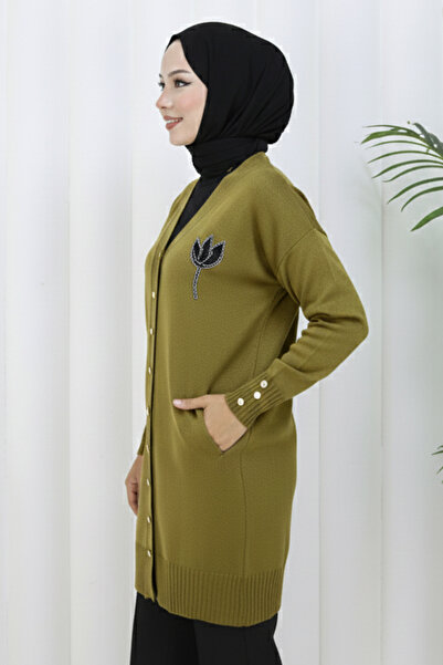 benguen Collar Detailed Long Mercerized Cardigan N3260 Oil Green