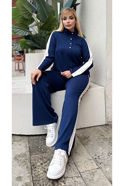 Butik Nilyam Women's Plus Size Turn-Down Collar Side Stripe Modal Fabric Flexible Soft Textured Bottom - Top Set 25092