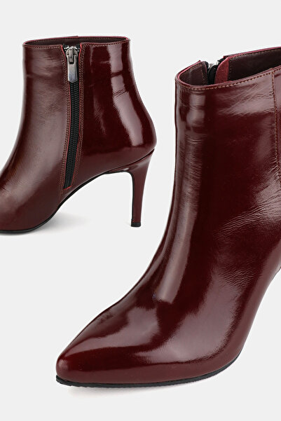 TUNAELLİ Women's Burgundy Patent Leather Genuine Natural Leather Size 35-40 Thin Heel Pointed Toe Boots & Booties