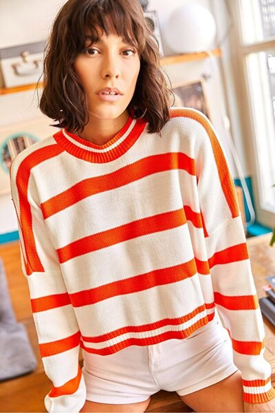 Pollux Women's Crop Striped Knitwear Sweater High Neck Short Cut Orange White