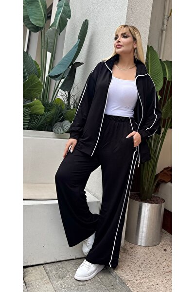 Butik Nilyam Women's Plus Size Double White Piped Detail Stretch Fabric Two Thread Cardigan Bottom - Top Set 25090