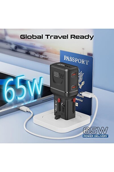 Promate TriPlug-65PD 65W GaNFast Travel Charger, Dual USB-C PD with PPS