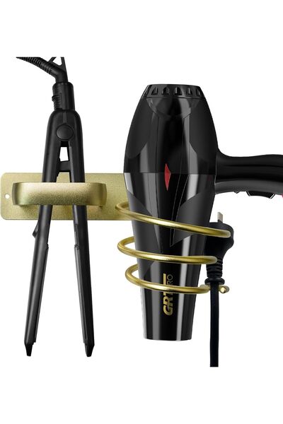 GRT PRO Hair Dryer and Straightener Holder Wall Mounted - Metal Cable Tidy Rack (Gold)