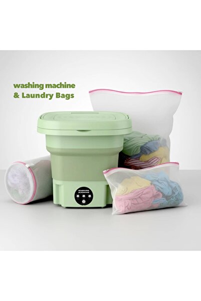 Generic 8L portable folding washing machine with drain basket plus 7-piece pink zipper laundry bag set.