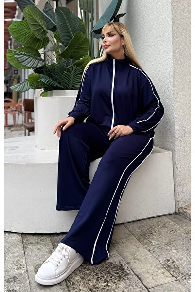 Butik Nilyam Women's Plus Size Double White Piped Detail Stretch Fabric Two Thread Cardigan Bottom - Top Set 25090