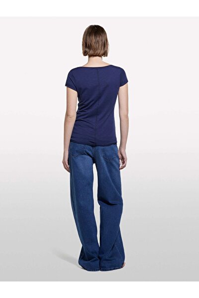 Sisley Cotton Modal Blend Regular Fit V-Neck Slub T-Shirt Women's Dark Blue T-Shirt - 325P3Tnhl4007