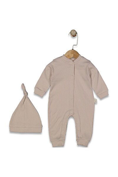 bebegen Unisex Beige Corded Fabric Knotted Beret Jumpsuit with Snap Fasteners