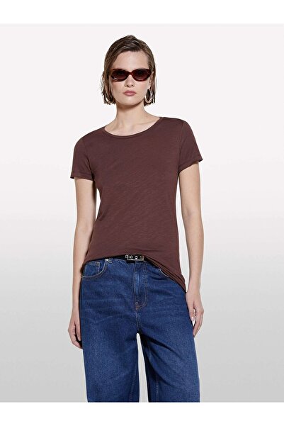 Sisley Cotton Modal Blend Regular Fit Crew Neck T-Shirt Women's Brown T-Shirt - 325P3Tnhl11A2