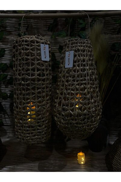 Ekodoğa 2'Li Hasır Dekoratif Fener 56-61 Cm Örgü Hasır Fener Seti