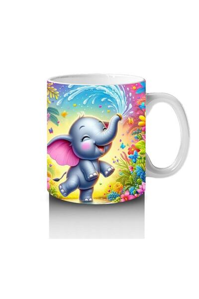 Wisdom Rain Joyful Elephant Patterned Mug with Splashing Water between Flowers That Make Children Love Milk