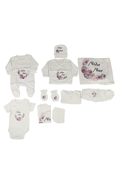 bebegen Mor NİDANUR Baskılı Çiçek Desenli İsme Özel 10 Parça Hastane Çıkış Seti