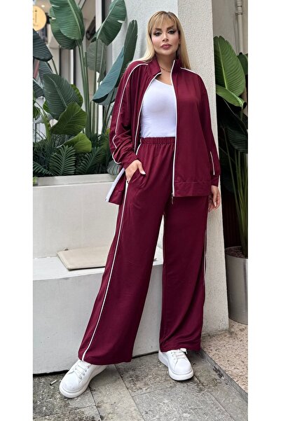 Butik Nilyam Women's Plus Size Double White Piped Detail Stretch Fabric Two Thread Cardigan Bottom - Top Set 25090