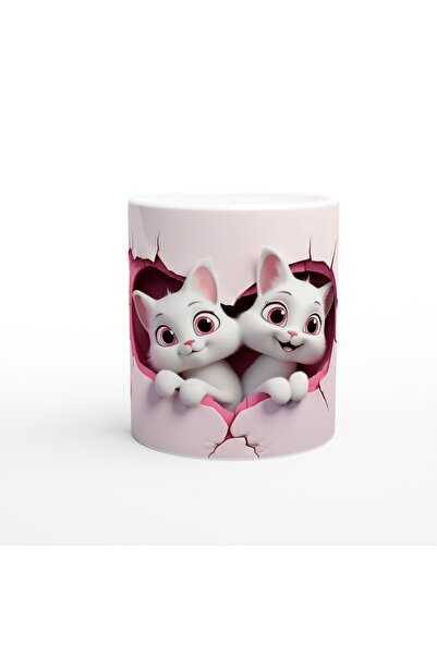Wisdom Rain Cheerful Cats Looking through the Pink Cracked Wall Themed Printed Mug