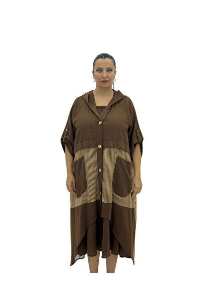 MAX LİVE طقم نسائي مقاس كبير بغطاء رأس مكون من فستان مزدوج بتفاصيل شبكية O قص...