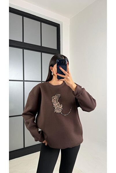 Gaus Bitter Brown Leopard Embroidered Fleece-Lined Sweatshirt Gaus-00796