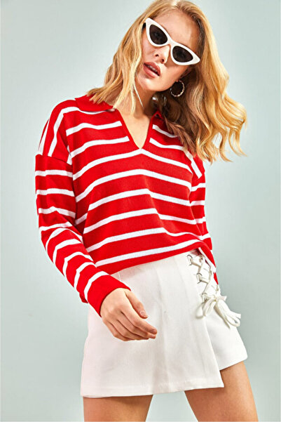 BLUSS Women's Red and White Striped Polo Neck Knitwear Sweater Slim Knit Long Sleeve