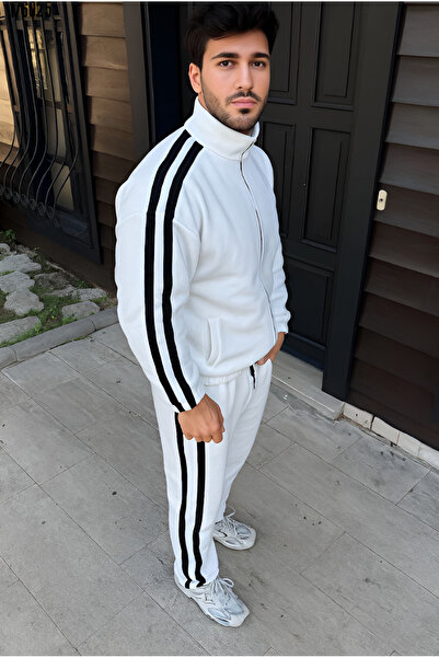 Butik Men's Double Stripe Tracksuit Set Mock Neck Zippered Sweatshirt