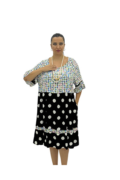 MAX LİVE Plus Size Patterned Polka Dot Neck Accessory Viscose Oversized Short...