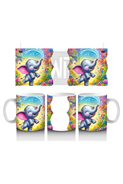 Wisdom Rain Joyful Elephant Patterned Mug with Splashing Water between Flowers That Make Children Love Milk