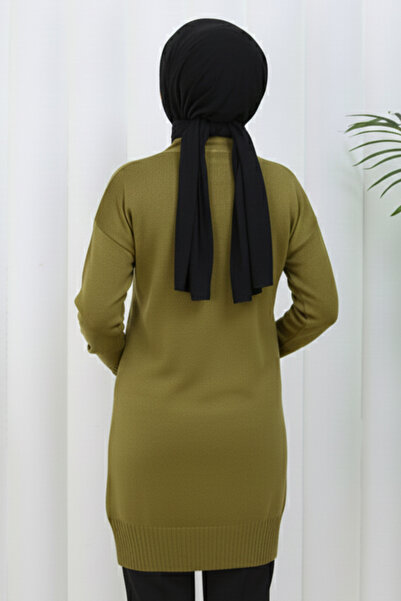 benguen Collar Detailed Long Mercerized Cardigan N3260 Oil Green