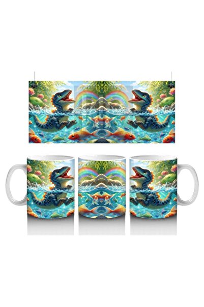 Wisdom Rain Dinosaur and Fish Patterned Mug Cup Floating in a Pond That Makes Children Love Milk