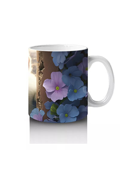 Wisdom Rain White Cat with Green Eyes Shining among Purple Flowers Mug