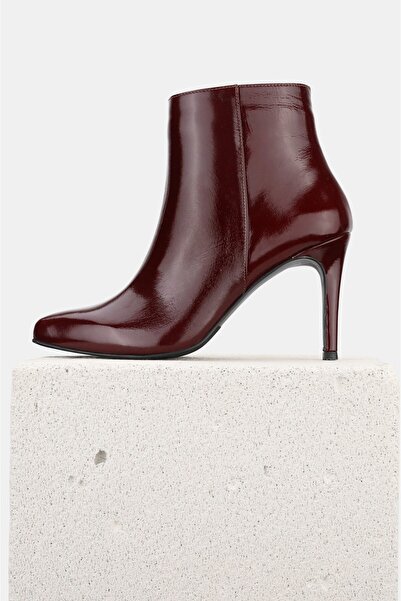 TUNAELLİ Women's Burgundy Patent Leather Genuine Natural Leather Size 35-40 Thin Heel Pointed Toe Boots & Booties