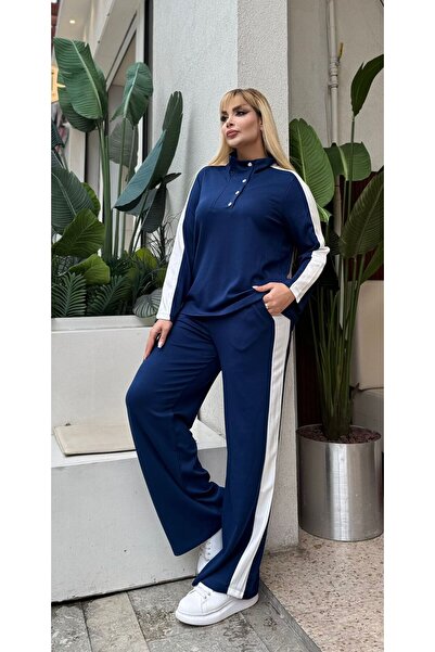 Butik Nilyam Women's Plus Size Turn-Down Collar Side Stripe Modal Fabric Flexible Soft Textured Bottom - Top Set 25092