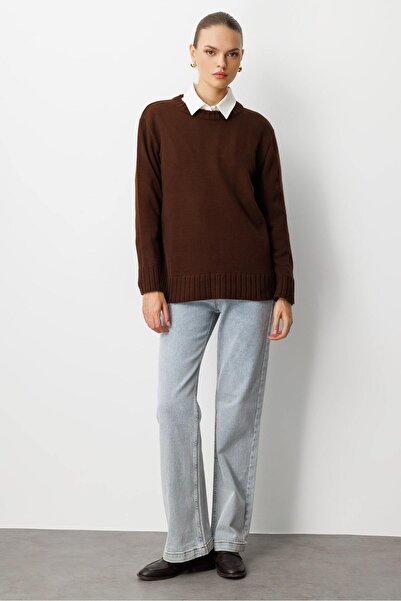 Mizalle Yuvarlak Yaka Oversize Kahverengi Triko Kazak