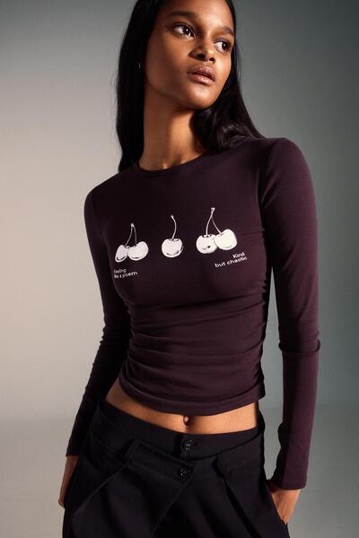 Bershka Long sleeve ruched print T-shirt