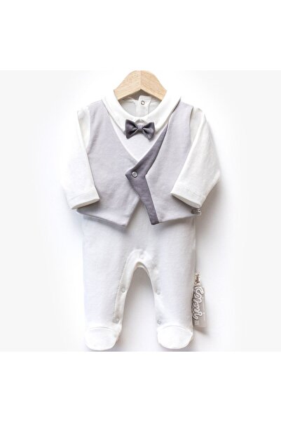 bebegen Baby Boy Ecru Gray Luxury Jumpsuit with Bow Tie and Vest Set Booties