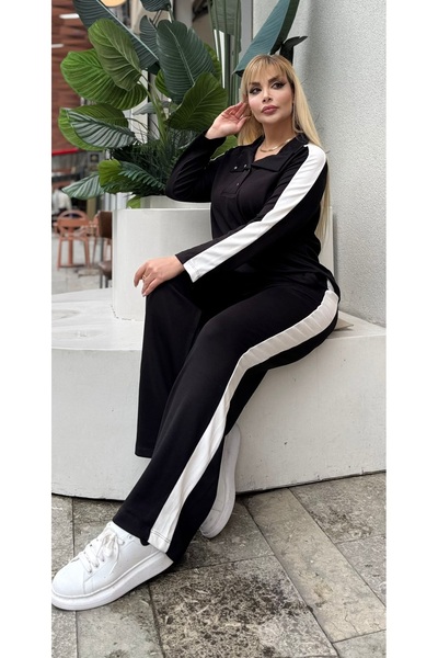 Butik Nilyam Women's Plus Size Turn-Down Collar Side Stripe Modal Fabric Flexible Soft Textured Bottom - Top Set 25092