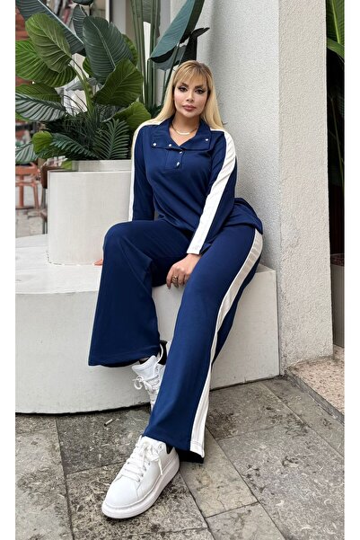 Butik Nilyam Women's Plus Size Turn-Down Collar Side Stripe Modal Fabric Flexible Soft Textured Bottom - Top Set 25092