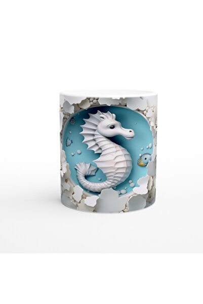 Wisdom Rain Underwater Themed Mug with White Seahorse and Flower Motif