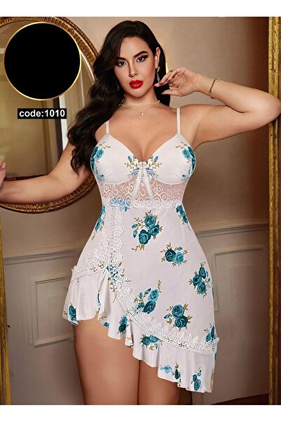 Nice Model Floral Lace Nightgown Mini Lingerie Adjustable Straps Ruffled Hem ...