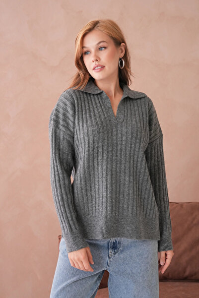 Park Karon Women's Polo Neck Half Placket Ribbed Knit Oversized Knitwear Sweater