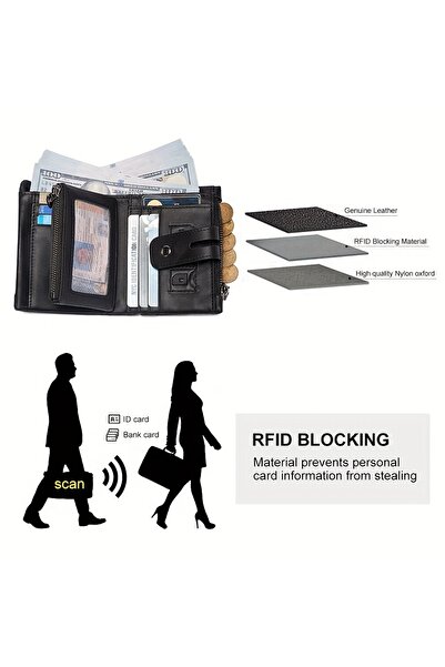 Generic Men's Genuine Top-Grain Leather Wallet with Chain, RFID Blocking, Double Zipper Coin Pocket