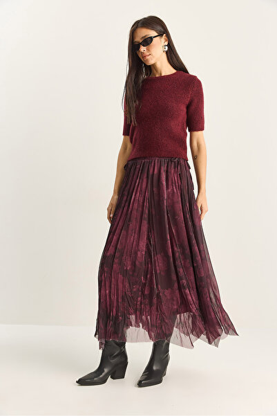 Bianco Lucci Women's Wrinkled Effect Patterned Elastic Waist Lined Chiffon Skirt De251115 60283851