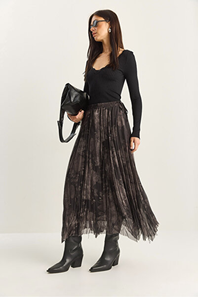 Bianco Lucci Women's Wrinkled Effect Patterned Elastic Waist Lined Chiffon Skirt De251115 60283851