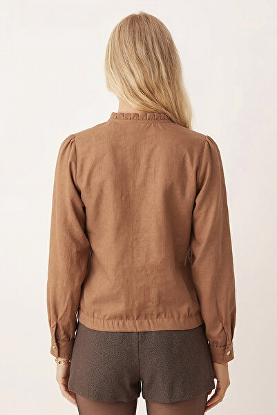 armonika Γυναικεία μπλούζα με λαιμόκοψη σε σχήμα V με λεπτομέρεια πλισέ, ελαστική μέση και μανσέτες ARM-26K001020