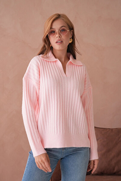 Park Karon Women's Polo Neck Half Placket Ribbed Knit Oversized Knitwear Sweater