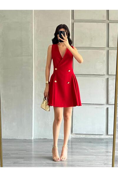 Coral Kolsuz Mini Düğme Detaylı Elbise 111611 Kırmızı