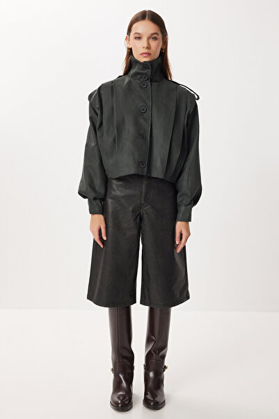 Lovelyİstanbul Pleated Short Suede Coat Lfn0136 Khaki