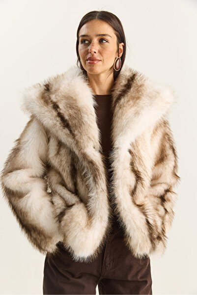 Bianco Lucci Women's Patterned Wide Collar Lined Faux Fur Coat 2850 60281125