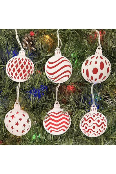 DECORADI Set of 6 Christmas tree ornaments, White/Red, diameter 9 cm, Christmas Gift, 3D Printed