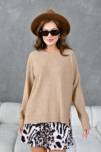 Park Karon Women's Crew Neck Slit Oversized Knitwear Sweater